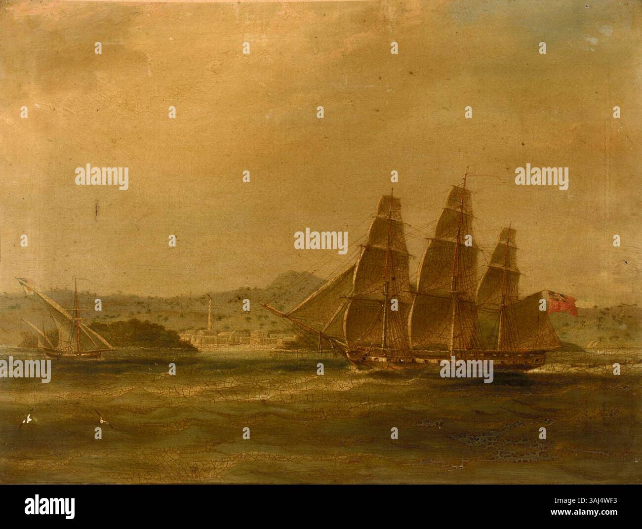 La peinture de William John Huggins de 1809 représente la frégate britannique HMS Mercury capturant le navire français la Pugliese à la bataille de Barletta, commémorant une action navale dans l'Adriatique. Banque D'Images