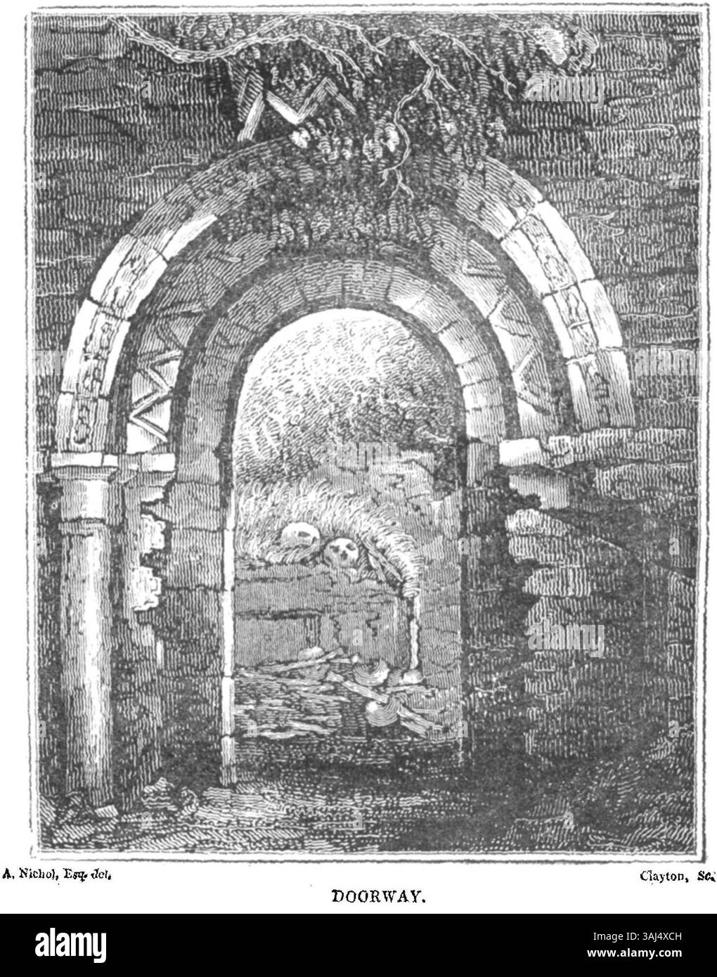 La représentation de 1835 de la porte d'Aghadoe, qui fait partie du « Dublin Penny Journal », met en valeur la conception architecturale complexe de ce site historique irlandais. Banque D'Images