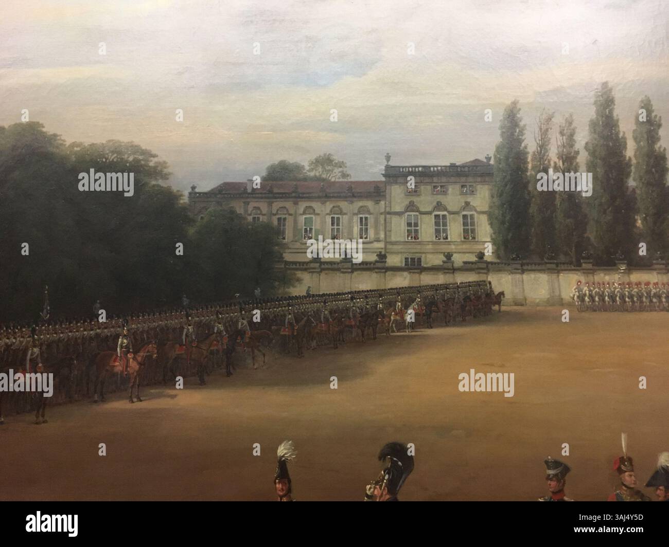 Cette peinture à l'huile de 1848-49 de Franz Krüger représente un défilé militaire à Potsdam en 1817, mettant en valeur la présentation du régiment. Les figures clés comprennent Frédéric-Guillaume III et IV de Prusse. Banque D'Images