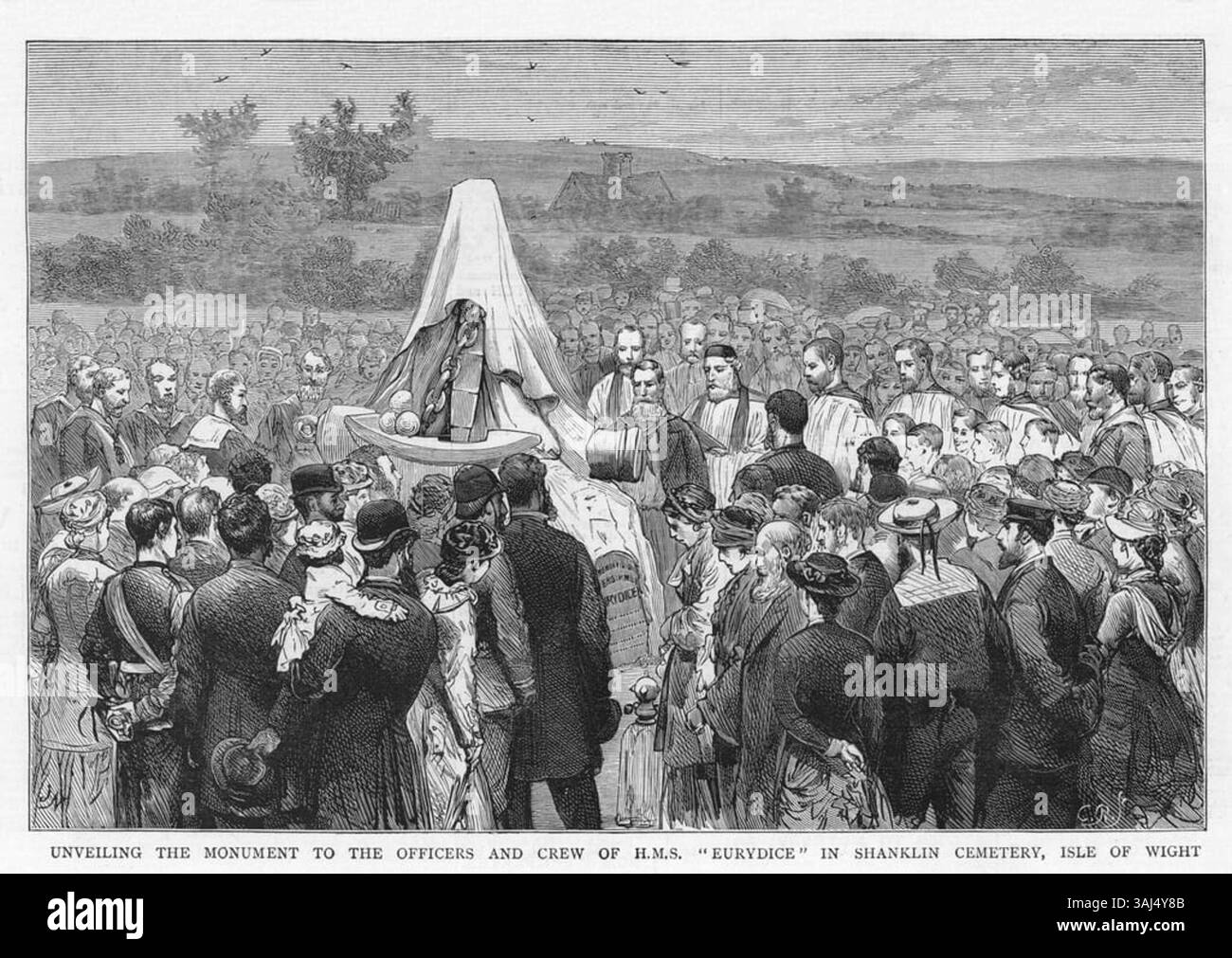 Cette gravure sur bois de 1880 de Charles Robinson illustre le dévoilement du monument aux officiers et à l'équipage du HMS 'Eurydice' au cimetière de Shanklin sur l'île de Wight. L'estampe commémore le naufrage tragique du navire en 1878. Banque D'Images
