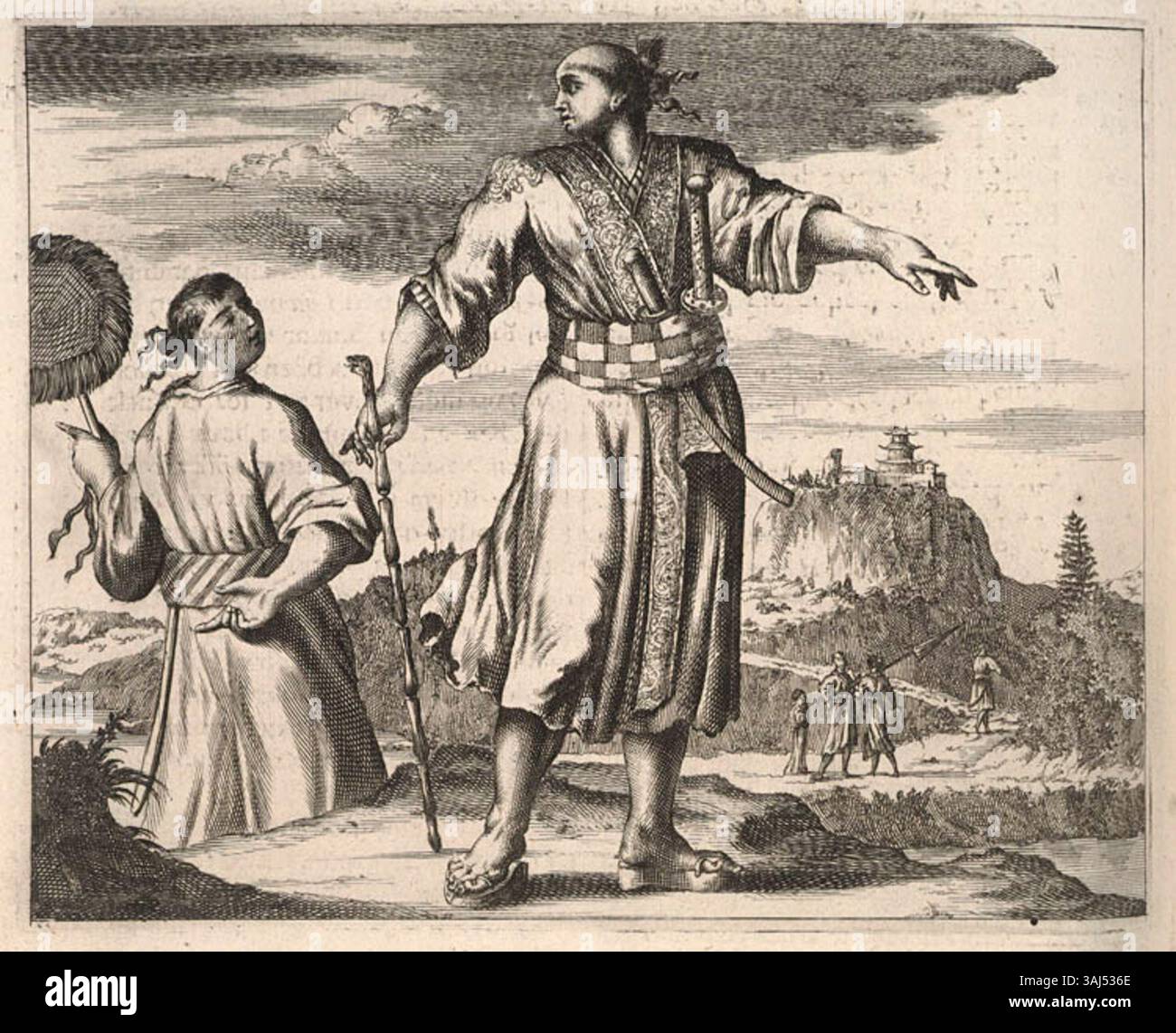 Un samouraï était membre de la classe des guerriers féodaux du Japon. Au cours de la période Edo, des divisions sociales strictes émergent, les samouraïs détenant un pouvoir important. Seuls les samouraïs pouvaient porter des armes, y compris des épées longues et courtes distinctives. Tous les samouraïs n'étaient pas des guerriers ; certains servaient d'officiels, avec leurs épées symbolisant le statut plutôt que le but martial. Banque D'Images