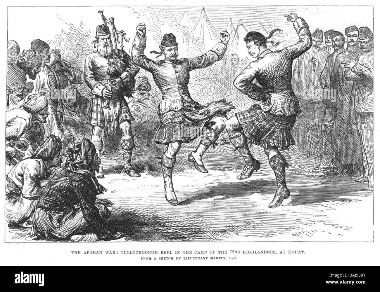 L'illustration de 1879 montre des soldats du 72nd Highlanders exécutant la bobine de Tullochgorum dans leur camp de Kohat, Afghanistan. La scène reflète les activités culturelles et militaires pendant la campagne britannique en Afghanistan. Banque D'Images