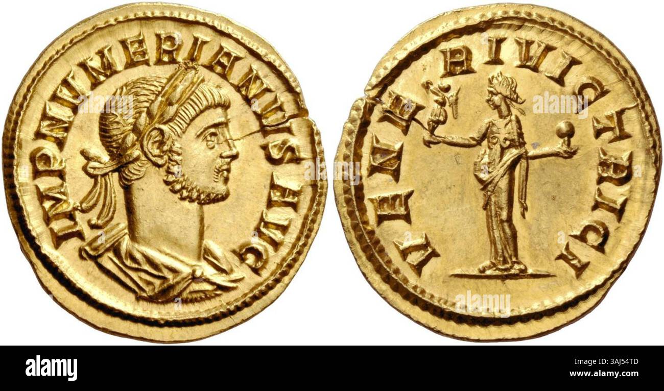 Pièce aureus de Numérien, frappée pendant son règne de 283 à 284 après JC. La pièce comporte un portrait de Numérien avec une couronne de laurier et une représentation de Vénus, la déesse de l'amour, tenant la victoire et une pomme. La pièce est un artefact rare et précieux. Banque D'Images