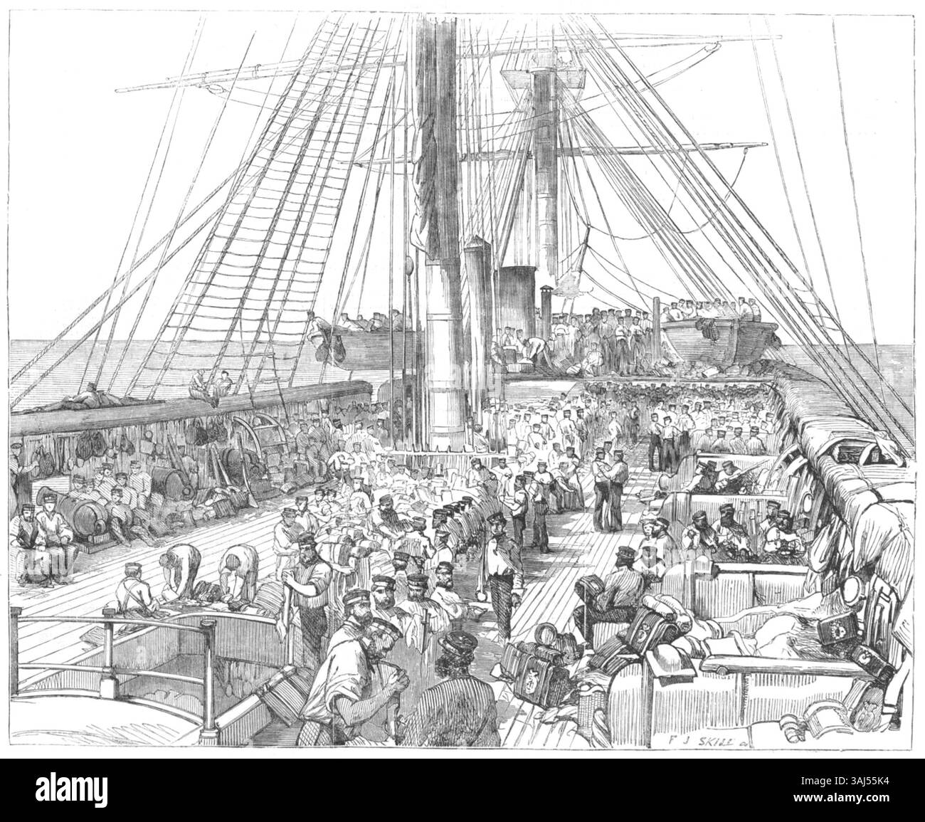 Cette gravure de 1856 de Frederick John Skill montre les gardes britanniques qui se préparent à débarquer à Portsmouth après leur retour de la guerre de Crimée. L'impression capture l'atmosphère militaire alors que les soldats se préparent pour leur entrée triomphale à Londres. Banque D'Images