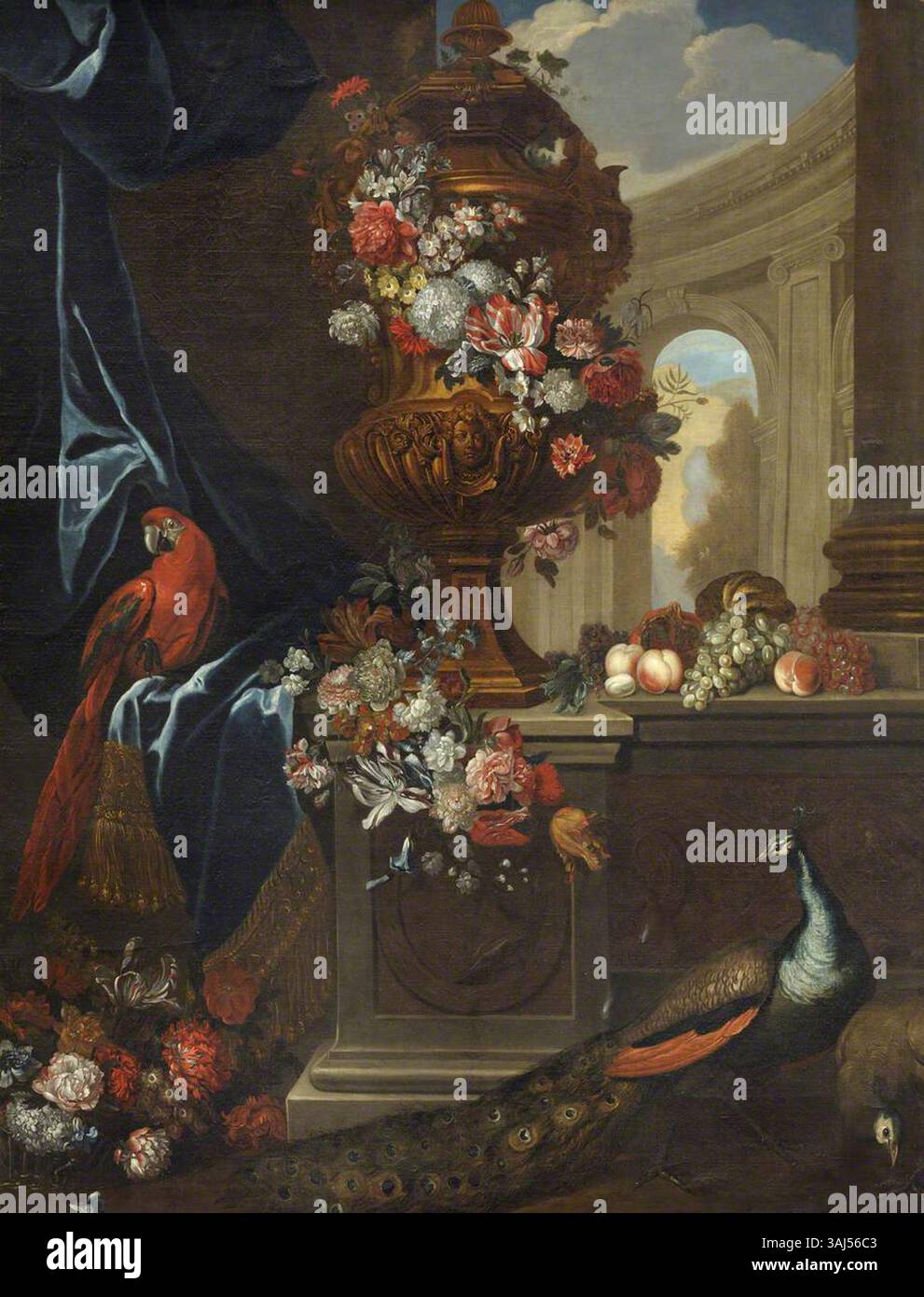 Cette peinture de nature morte, attribuée à Jean-Baptiste Monnoyer, représente des fleurs et une urne dans un contexte architectural, peintes à l'huile sur toile. Banque D'Images