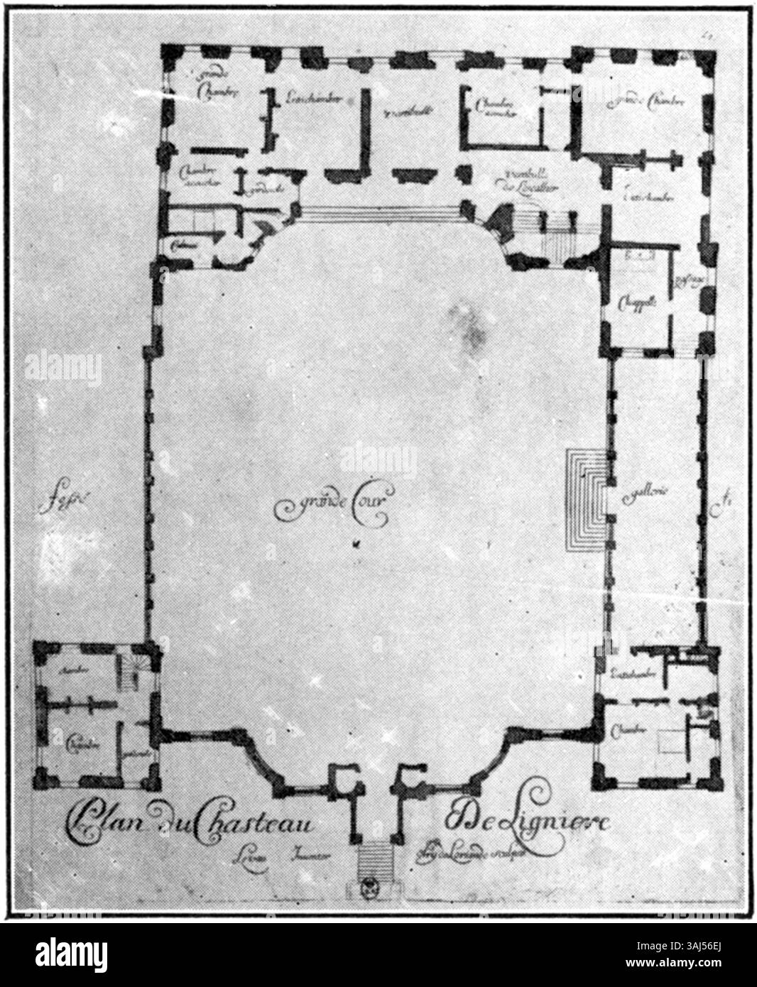 Plan architectural du Château de Lignières (cher), dessiné par Claude Olry de Loriande en 1654. Ce plan détaillé présente la disposition et la conception du château au XVIIe siècle. Banque D'Images