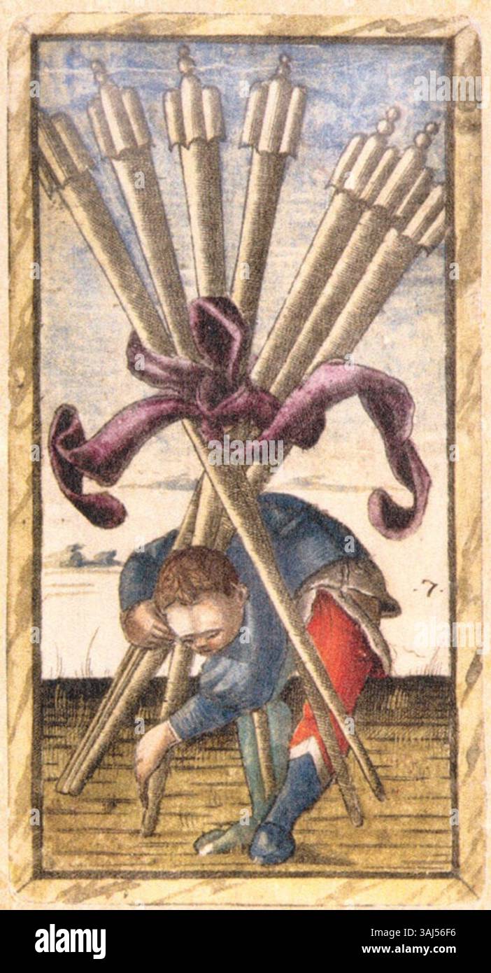 La carte 56 du jeu de tarot Sola Busca, créé en Italie en 1491, offre une fenêtre sur le mysticisme du XVe siècle, avec des représentations symboliques essentielles pour comprendre le rôle du tarot dans la révélation médiévale de la fortune. Banque D'Images
