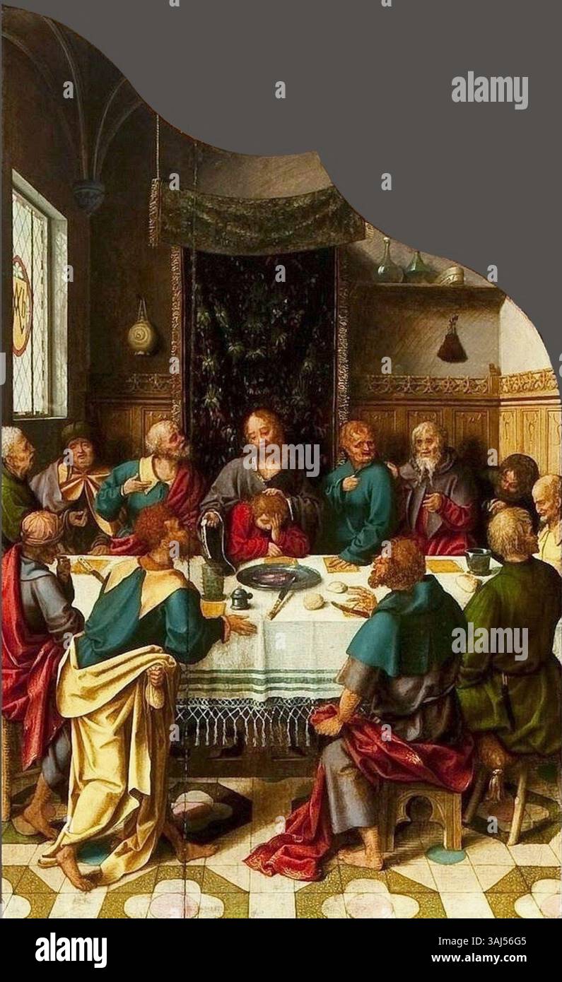 Ce polyptyque de Joos van Cleve, peint vers 1516, représente des scènes bibliques sur plusieurs panneaux. Il comprend la présentation dans le Temple, le baptême du Christ, la dernière Cène, la Crucifixion, et d'autres moments religieux clés. La tempera sur le travail du bois est conservée au Musée national de Varsovie. Banque D'Images