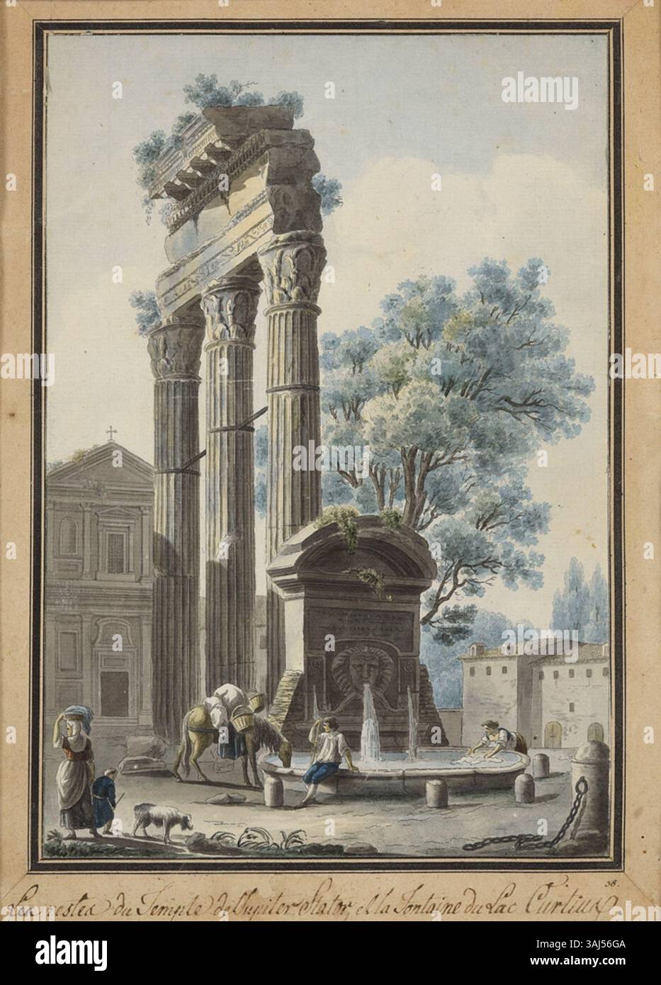 Cette gouache du XVIIIe siècle montre les ruines du temple de Castor et Pollux sur le Forum romain de Rome. L'arrière-plan présente l'église de Santa Maria Liberatrice. Il a été nommé par erreur comme les restes du stator du Temple de Jupiter et du Lacus Curtius. Banque D'Images
