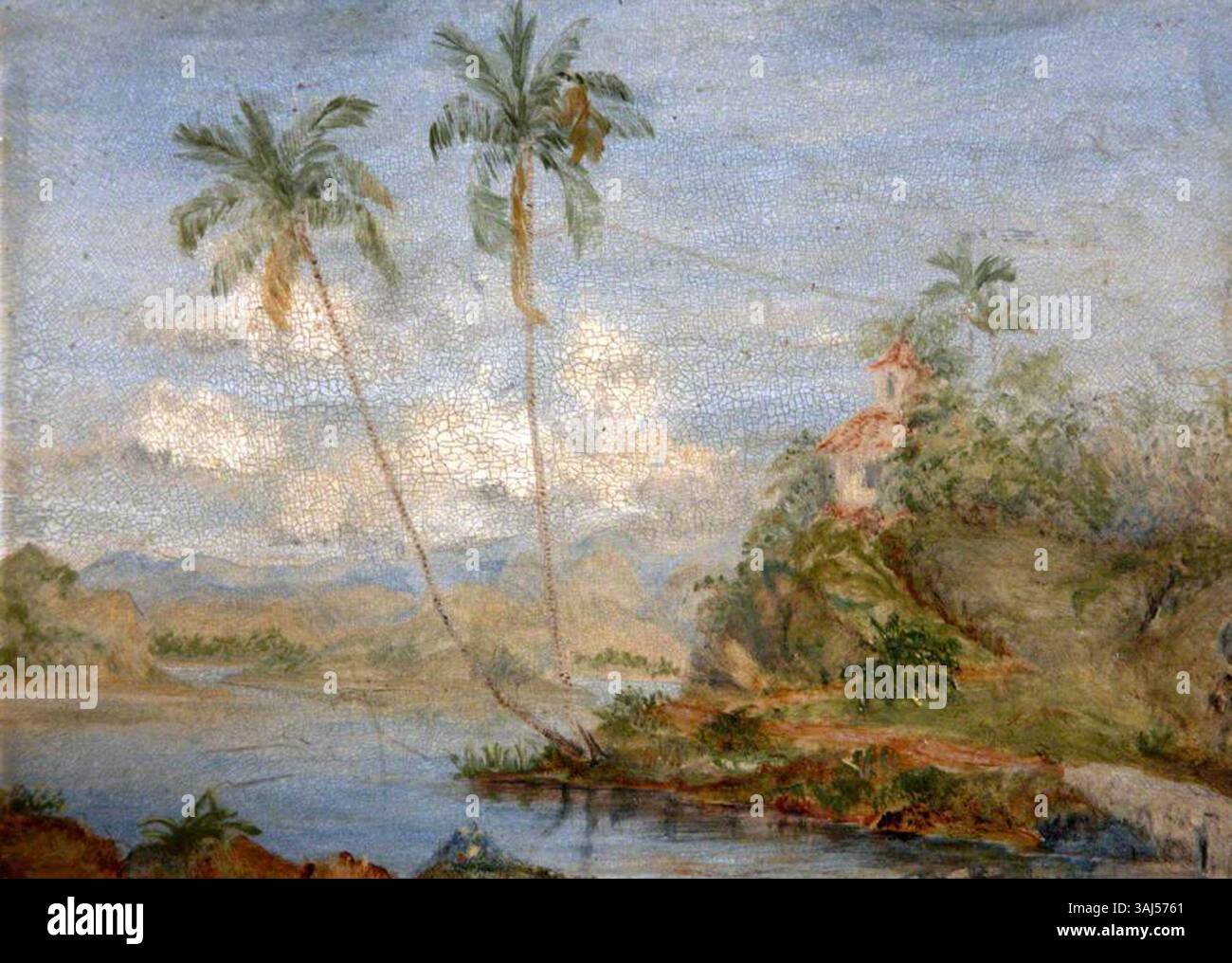 Un paysage tropical peint entre 1870 et 1899, présentant un feuillage dense, un ciel calme et une flore exotique dans un format huile sur panneau. La peinture reflète un environnement serein et luxuriant typique des climats tropicaux. Banque D'Images