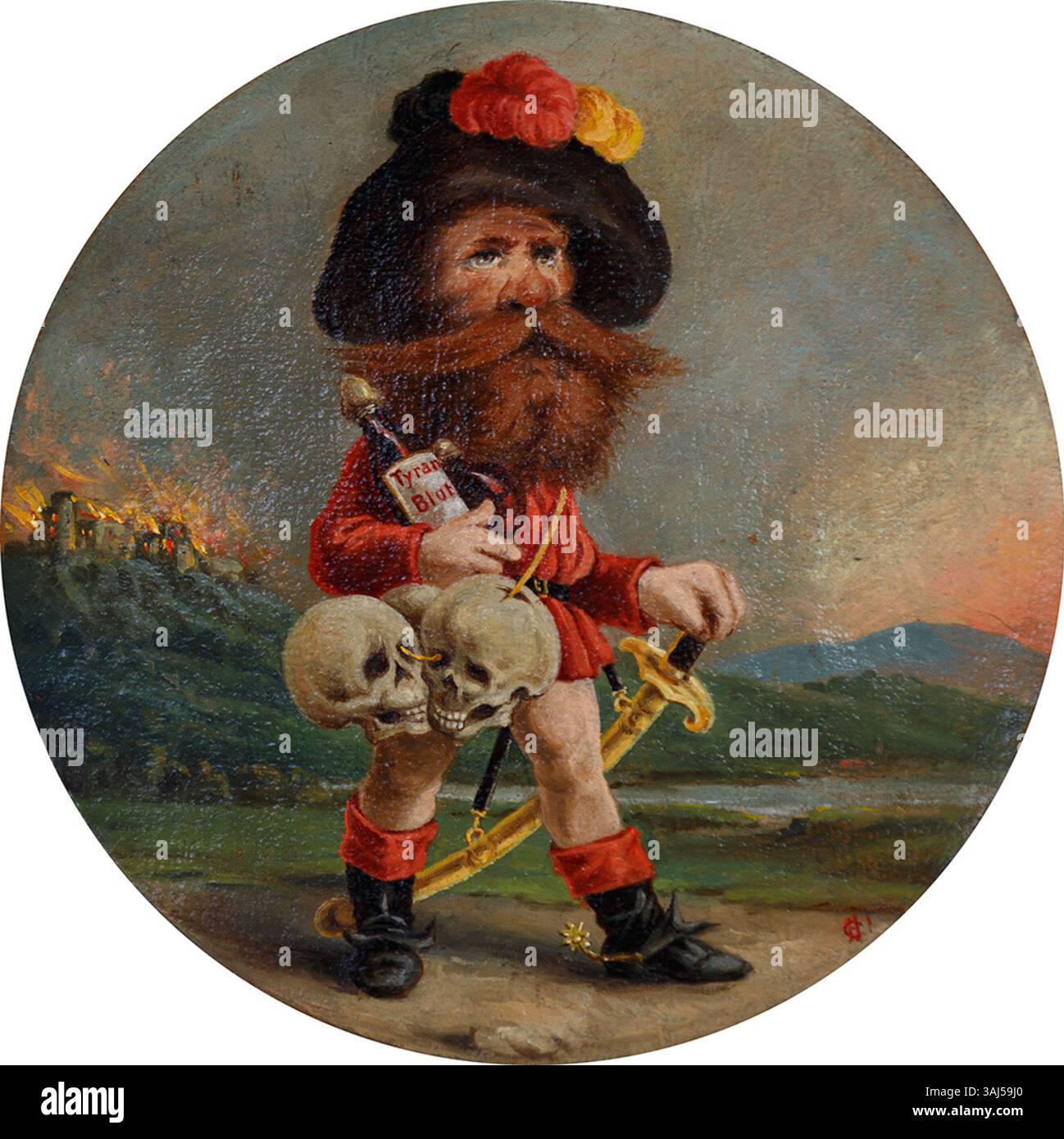 Une peinture à l'huile du XIXe siècle représentant un guerrier barbu en noir, rouge et or avec des crânes, une bouteille de 'sang de tyrans' et un château en feu. La peinture reflète des thèmes politiques liés au National-Verein. Banque D'Images