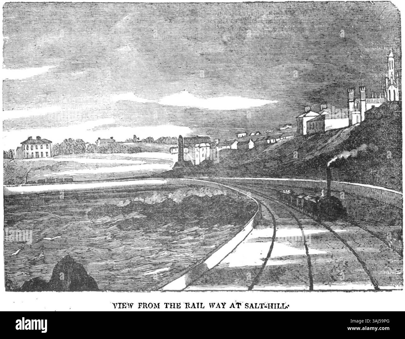 L'illustration de 1834 du Dublin Penny Journal* montre une vue panoramique depuis le chemin de fer de Salt-Hill, offrant un aperçu du paysage irlandais et des transports du XIXe siècle. L'image capture les premiers jours du voyage en train et la beauté naturelle de Salt-Hill. Banque D'Images