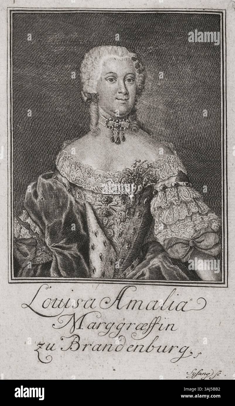 Cette gravure en pointillés de Johann Christoph Sysang représente la duchesse Louisa Amélie de Brunswick-Wolfenbüttel (1722-1780), épouse du prince Auguste Guillaume de Prusse, soulignant son statut noble au XVIIIe siècle. Banque D'Images