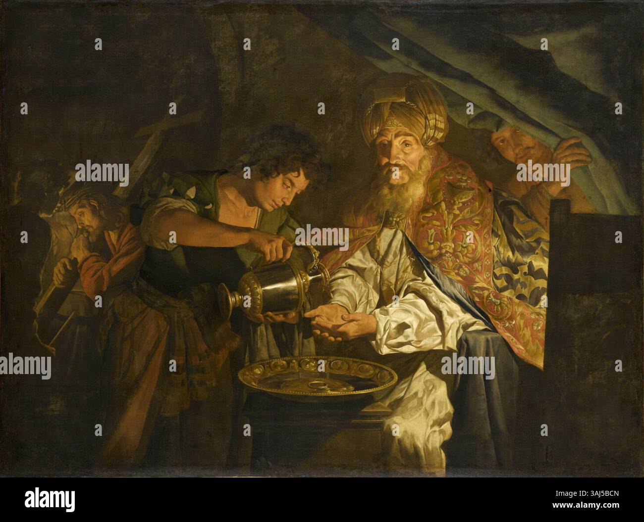« Pilate se lavant les mains dans l'innocence » de Matthias Some dépeint la scène biblique où Ponce Pilate s'abstient de la responsabilité de la crucifixion de Jésus. Peint entre 1640 et 1650, il est conservé au musée du Louvre. Banque D'Images