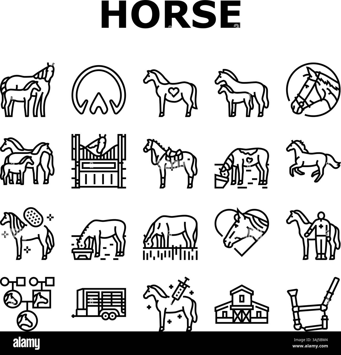 vecteur d'ensemble d'icônes équestres d'élevage de chevaux Illustration de Vecteur