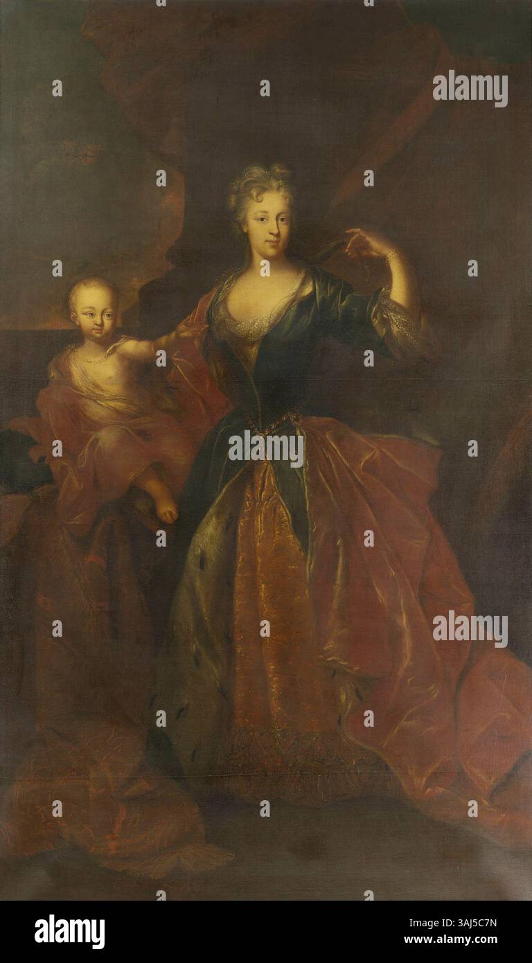 Ce portrait du XVIIIe siècle de l'école allemande représente la princesse Frédéric de Prusse, épouse de Charles Guillaume de Brandebourg-Ansbach. La peinture souligne son statut noble à travers sa tenue vestimentaire et son roulement royal. Banque D'Images