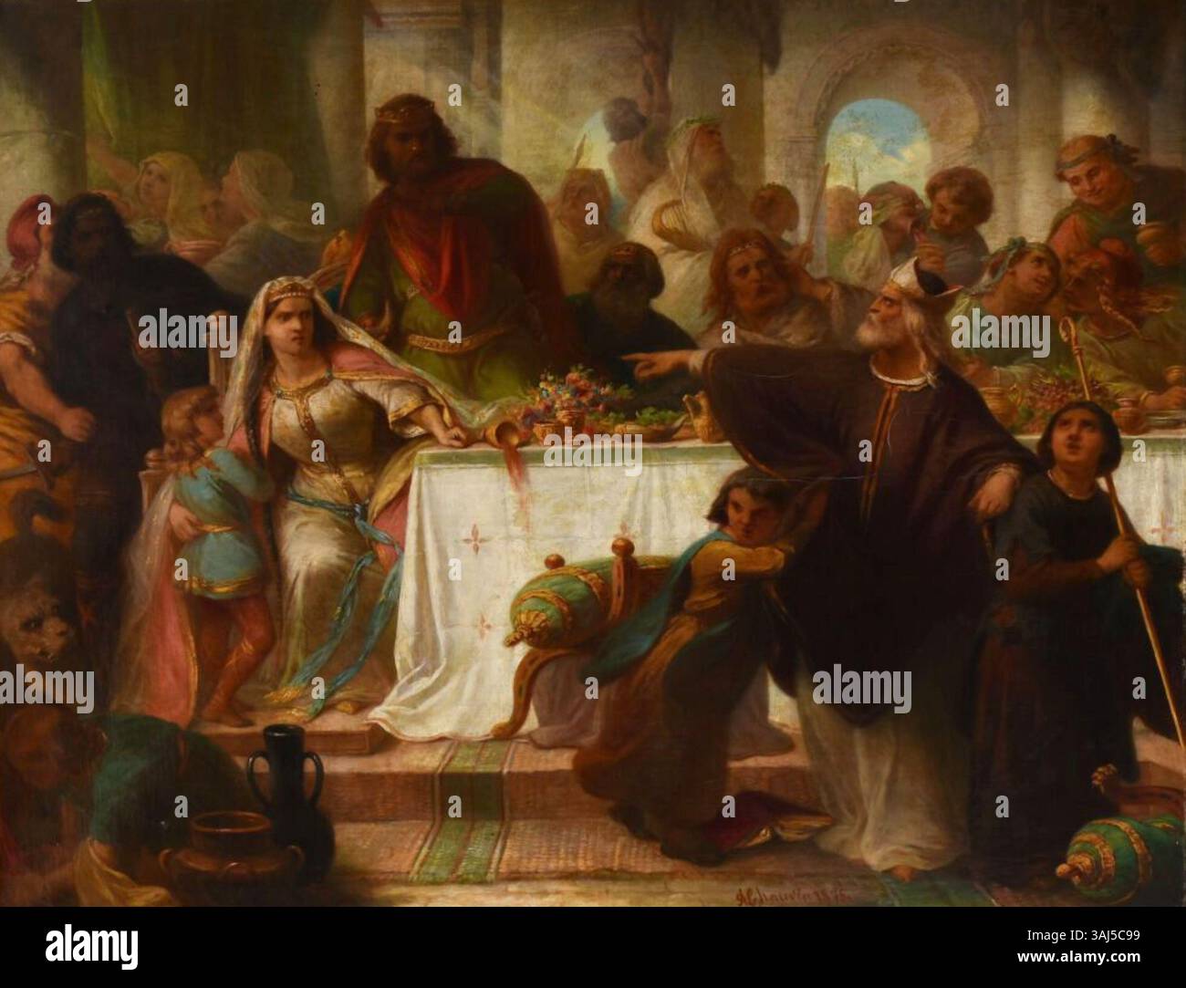 Cette peinture à l'huile de 1875 d'Auguste Chauvin, intitulée « le banquet de Jupille », représente une scène de banquet, mettant en valeur le style et l'élégance des événements sociaux français du XIXe siècle. Le travail mesure 75 x 90 cm. Banque D'Images