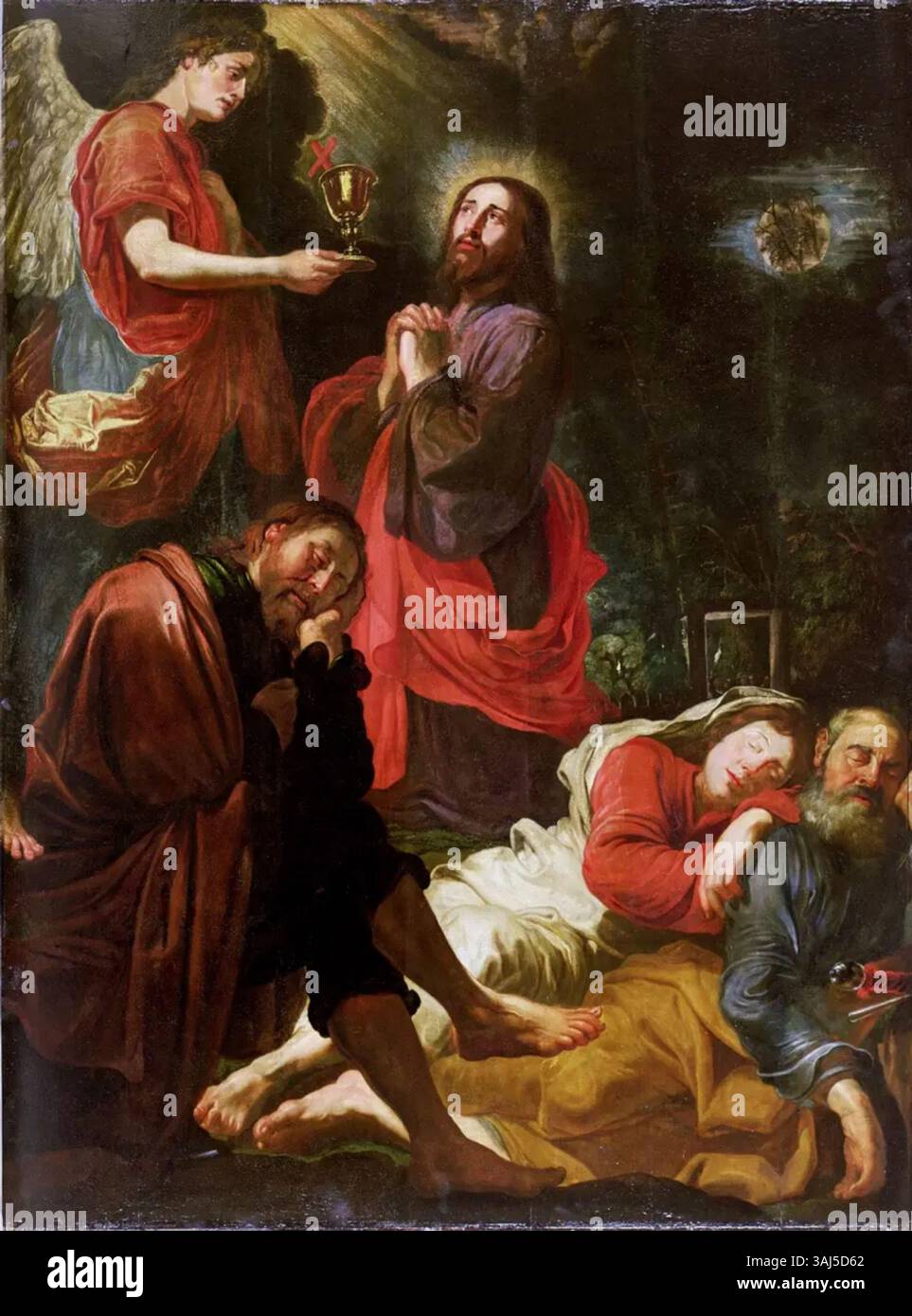 « L'agonie dans le jardin » de David Teniers l'ancien, peint entre 1617 et 1618, représente une scène biblique clé, capturant le moment douloureux du Christ dans le jardin de Gethsémani. Banque D'Images
