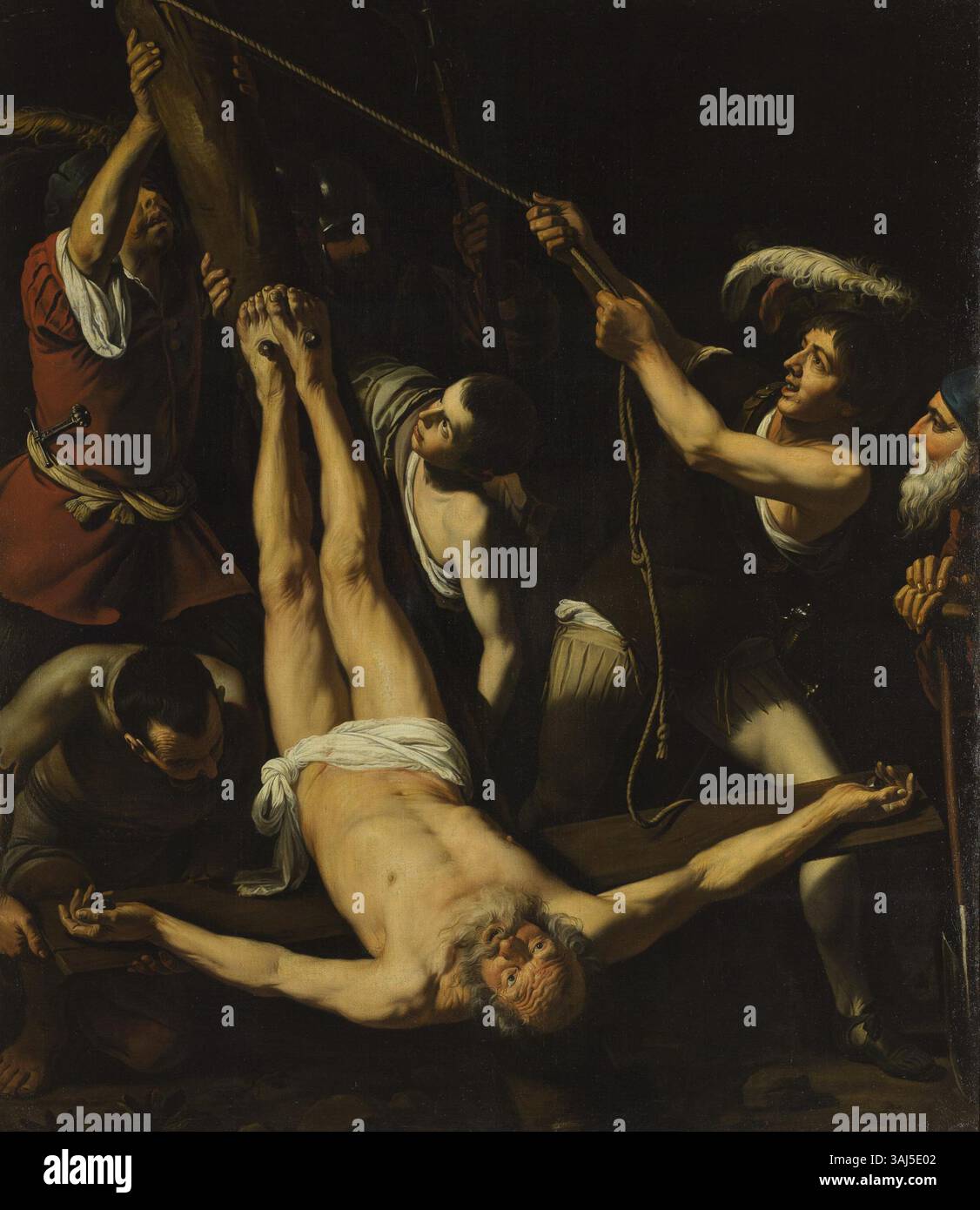 *Martirio de san Pedro* (le martyre de Saint Pierre) est attribué au cercle du Caravage, peut-être par Lionello Spada, et date du début du XVIIe siècle. Le tableau, conservé au Musée de l’Ermitage, peut représenter une version antérieure de la *Crucifixion de Saint Pierre* du Caravage. Banque D'Images