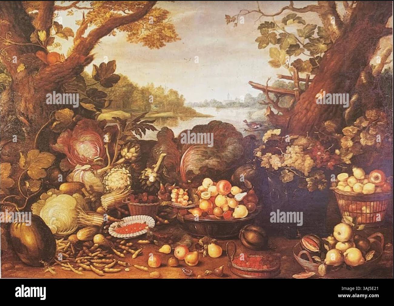 Dans cette nature morte de 1645, Gommaar van der Gracht dépeint un panier, un bol de fruits, des légumes et un écureuil. La peinture vibrante et détaillée souligne la richesse de la nature, un thème commun dans l'art baroque néerlandais des natures mortes, mettant en valeur l'habileté de l'artiste dans le rendu des textures et de la lumière. Banque D'Images