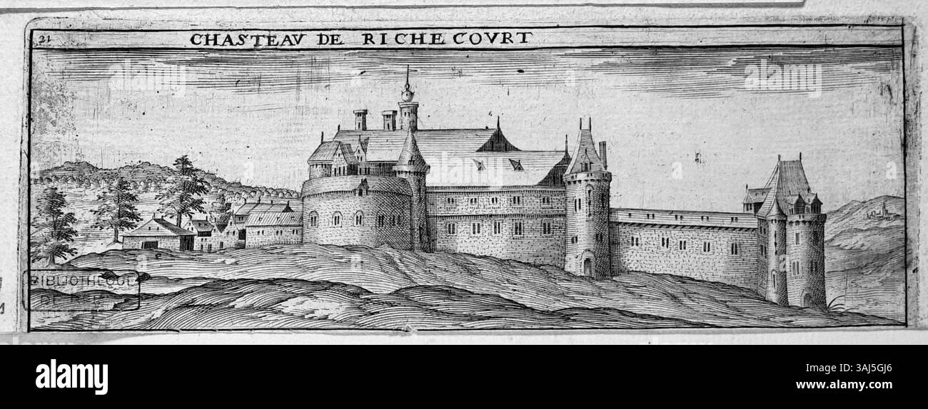 Claude Chastillon (1559-1616) réimpression d'une gravure représentant Richecourt, réalisée avant 1905. Cette reproduction reflète le travail de l’artiste capturant les villes françaises au XVIe siècle. Banque D'Images