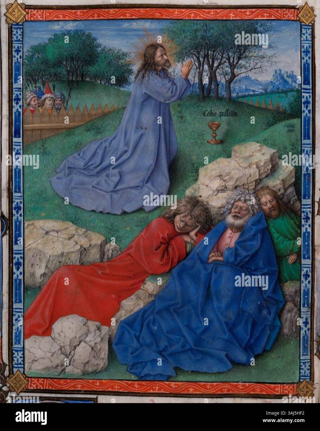 Une miniature de Jan van Eyck 'les heures de Milan-Turin', représentant l'agonie du Christ dans le jardin, créée vers 1420 dans le style Renaissance du Nord. Banque D'Images