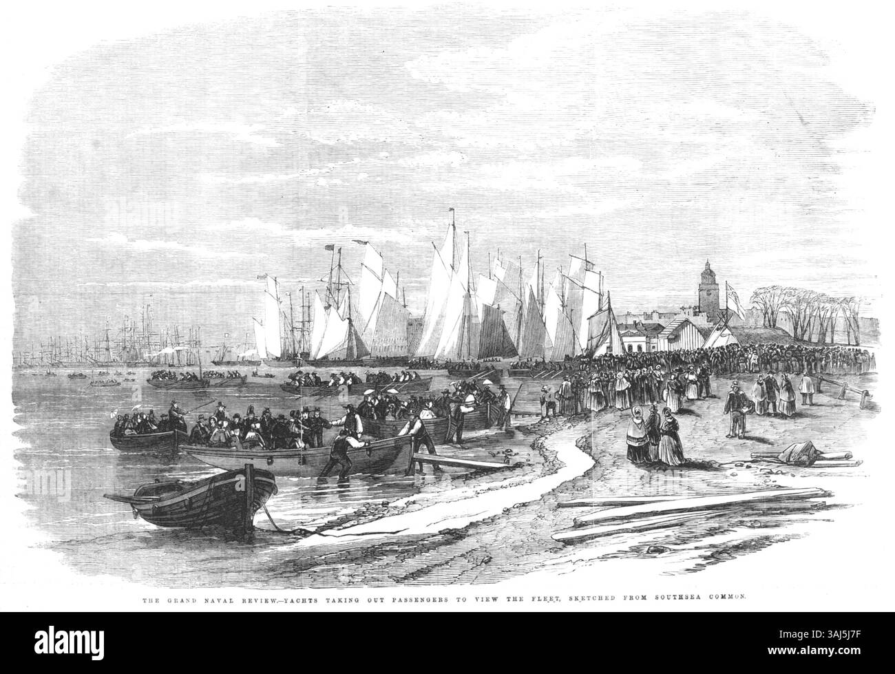 Cette illustration de 1856 tirée de l'Illustrated London News représente des yachts emmenant des passagers pour voir une grande flotte navale à Southsea Common. La scène présente l'événement maritime animé, mettant en évidence les yachts et les navires de la marine, avec des croquis détaillés capturant l'excitation de l'occasion. Banque D'Images