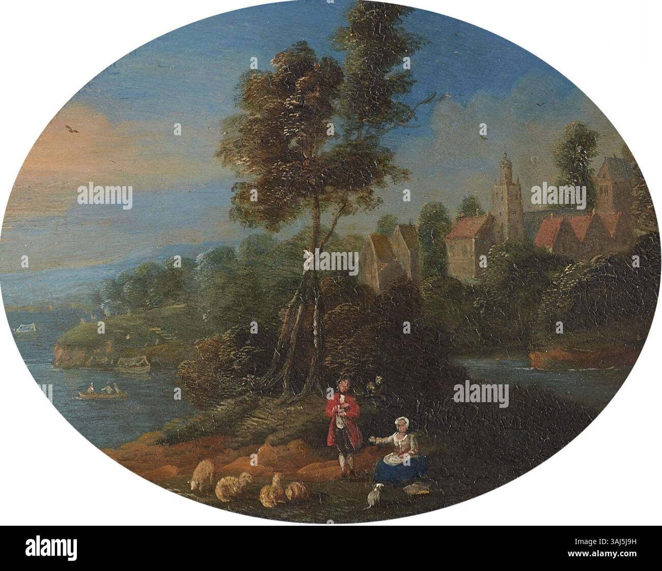 Cette peinture de Jan Frans van Bredael, réalisée entre 1627 et 1659, représente un paysage côtier avec un couple de bergers. En utilisant de l'huile sur du cuivre, Bredael capture l'interaction tranquille entre la nature et la vie rurale. Banque D'Images