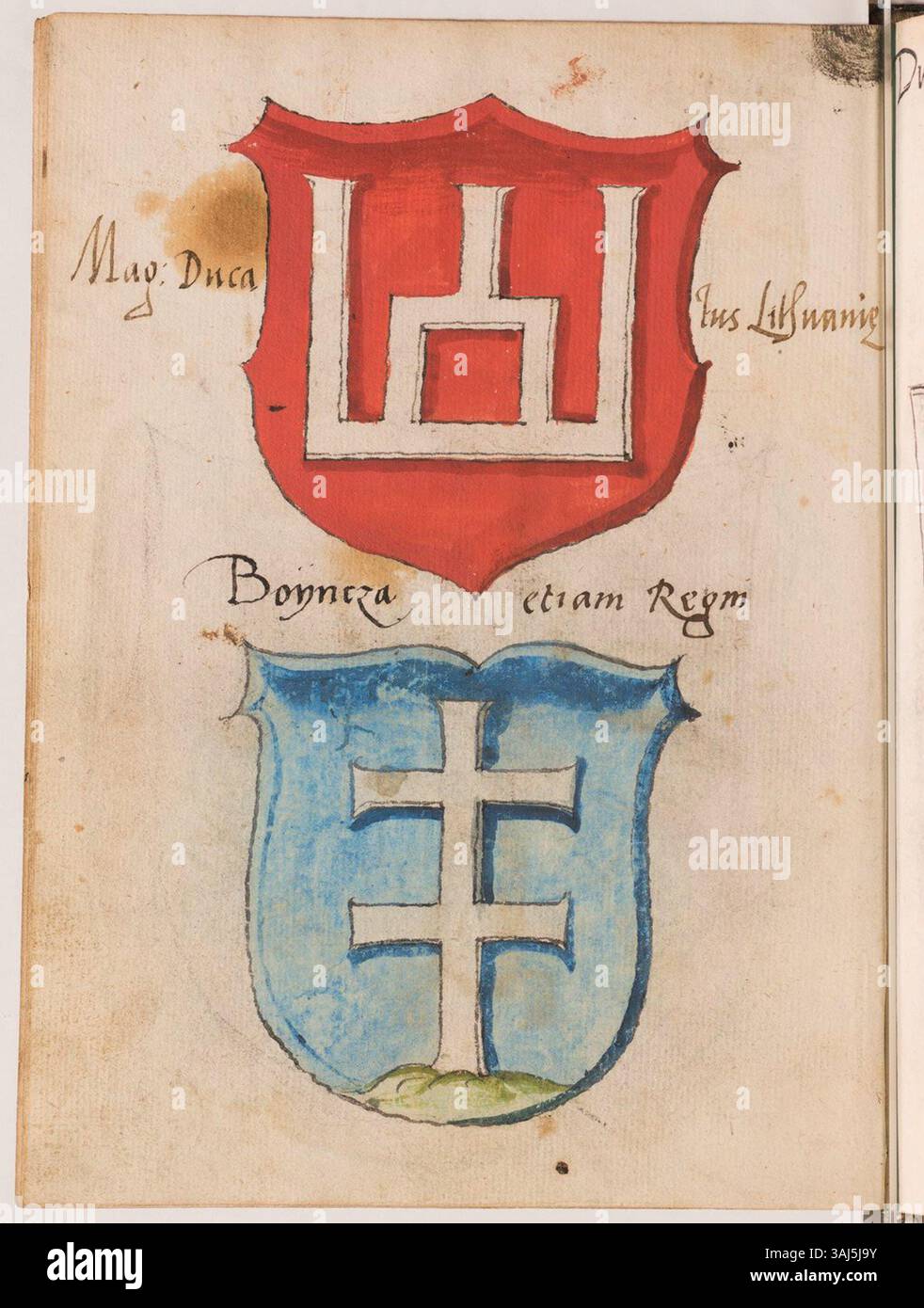 Cette collection héraldique de 1601-1700 présente les armoiries des familles Columns et Bojcza. Les dessins reflètent la noblesse et l'héraldique polonaises, mettant l'accent sur les traditions aristocratiques de l'époque. Banque D'Images