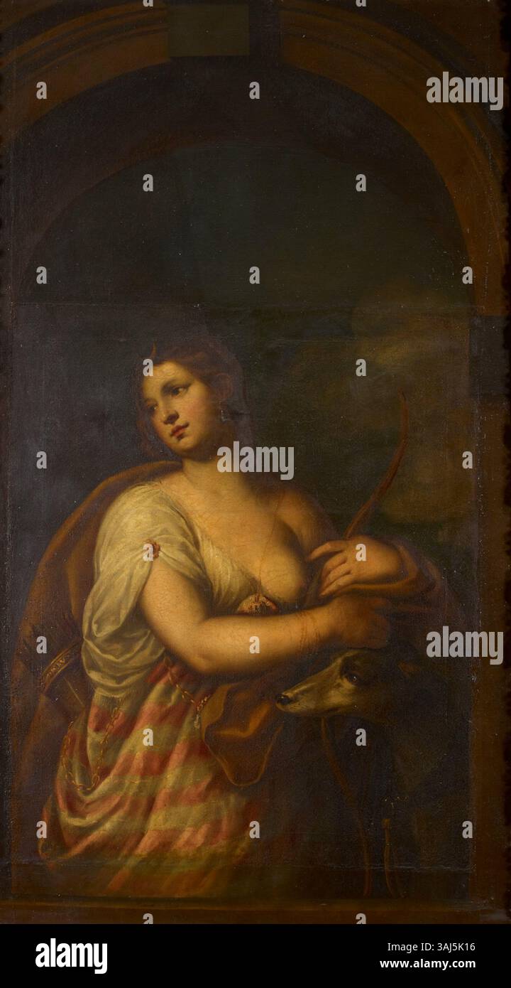 Ce tableau, attribué à un imitateur d'Alessandro Varotari, représente la déesse romaine Diana, associée à la chasse et à la nature. L'œuvre, exécutée à l'huile sur toile, date entre 1660 et 1700 et illustre les thèmes mythologiques prévalant dans le baroque Banque D'Images