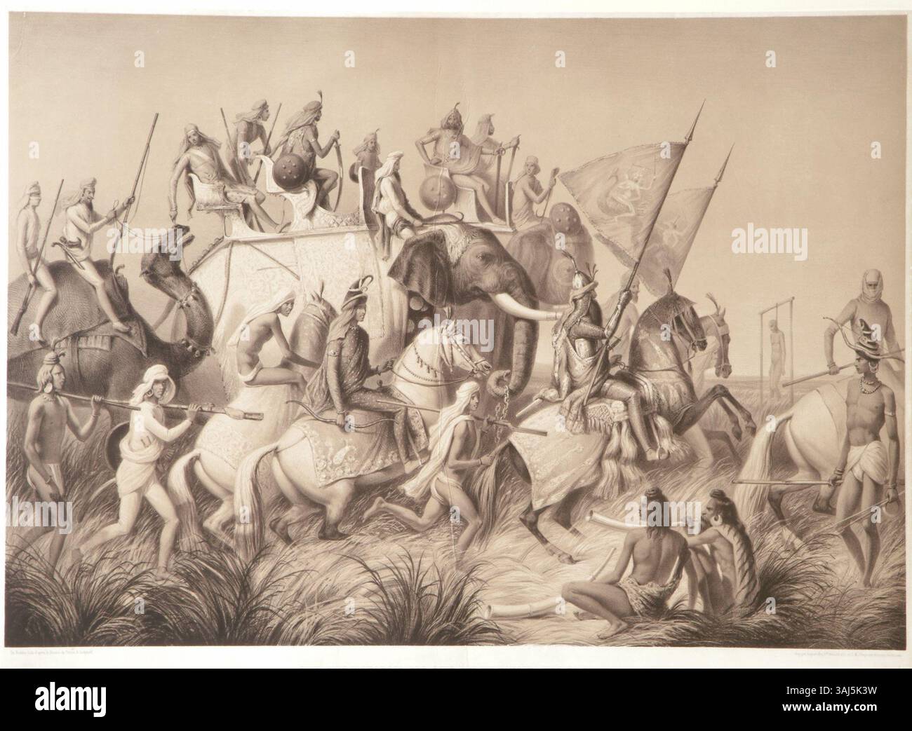 Cette lithographie de 1853-1854 environ montre le Maharajah Sher Singh revenant d'une revue de troupes près d'Amritsar en mars 1842. L'œuvre a été créée par Louis-Henri de Rudder et fait partie de la collection Kapany. Banque D'Images