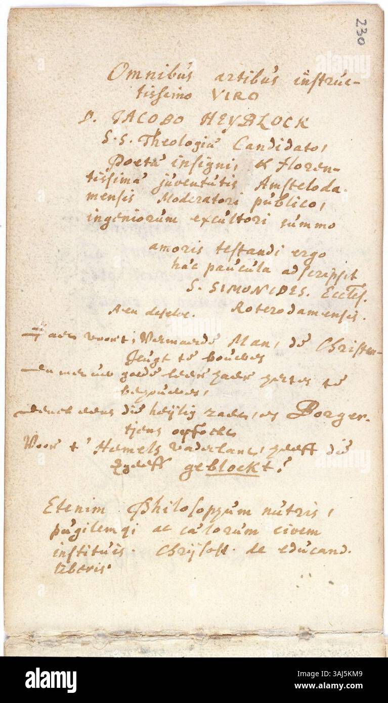 Simon Simonides, un prédicateur néerlandais, a écrit un poème pour l'album amicorum de Jacob Heyblocq au XVIIe siècle, mettant en valeur la tradition littéraire des religieux néerlandais. Banque D'Images