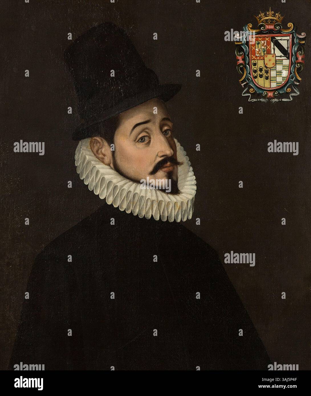 Peinture à l'huile représentant le vice-roi Gaspar de Zúñiga y Acevedo, montrant une version rognée du portrait avec un blason dans le coin supérieur droit. La pièce est conservée dans le Museo Nacional de Historia, représentant la figure historique Gaspar de Zúñiga. Banque D'Images
