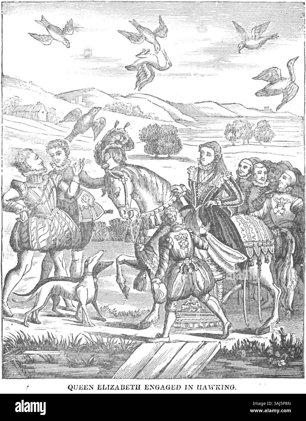 Une représentation de la reine Élisabeth Ire d'Angleterre, vers 1576, engagée dans un pique-nique de chasse avec ses courtisans, comme on le voit dans l'œuvre 'The Noble Art of Venerie and Hunting' de George Turbervile. L'image reflète la participation de la reine au noble passe-temps du faucon, un sport populaire parmi l'élite anglaise pendant l'ère Tudor. Banque D'Images
