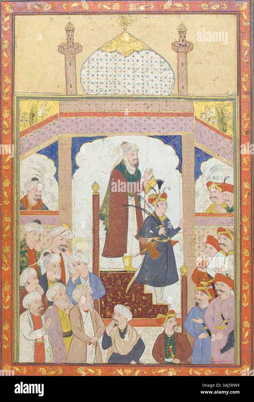 Cette peinture miniature du XVIIe siècle, de l'école de Mu'in Musavvir, montre Cheikh Safi bénissant Shah Ismail Ier, le fondateur de la dynastie Safavide. La vibrante gouache sur papier souligne le lien spirituel et l'autorité du cheikh sur la cour d'Ispahan. Banque D'Images