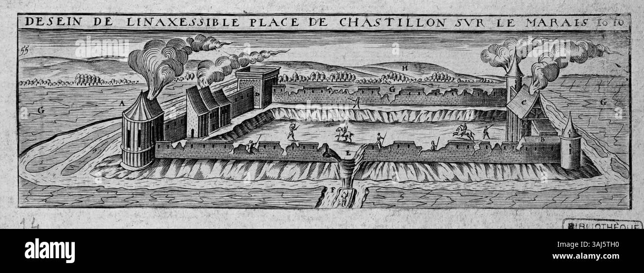 Claude Chastillon (1559-1616) réalise cette image à partir d'une gravure, représentant la ville de Chastillon-sur-Marne avant 1905. L'œuvre offre une vue historique du paysage de la ville tel que représenté dans le style de Chastillon. Banque D'Images