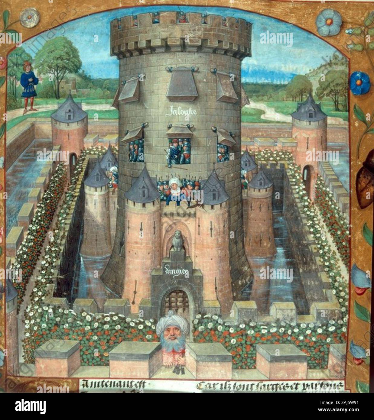 Cette illustration du Meister der Gebetbücher, créée vers 1490, représente une scène tirée du roman de la Rose, un poème allégorique français. Il dépeint la « Tour de jalousie » et reflète les thèmes de l'amour courtois et de l'émotion dans la littérature médiévale. Banque D'Images