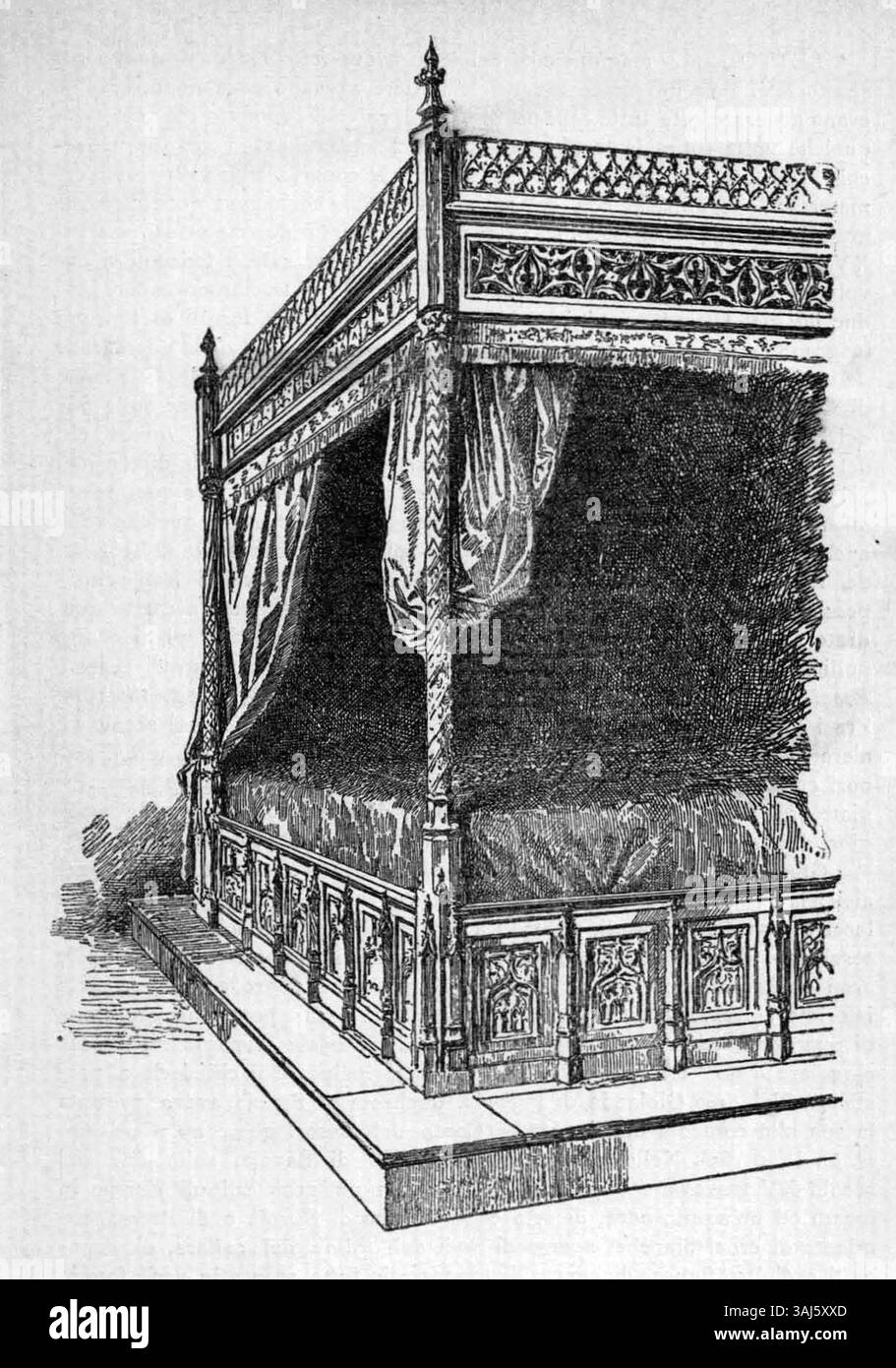 Ce modèle pour l'exposition générale montre un lit à baldaquin richement sculpté dans une chambre baronniale d'un château médiéval. Les textiles du lit comprennent des rideaux brodés et une couverture en or et soie brodée des armoiries d’Amedeo IX de Savoie. Banque D'Images