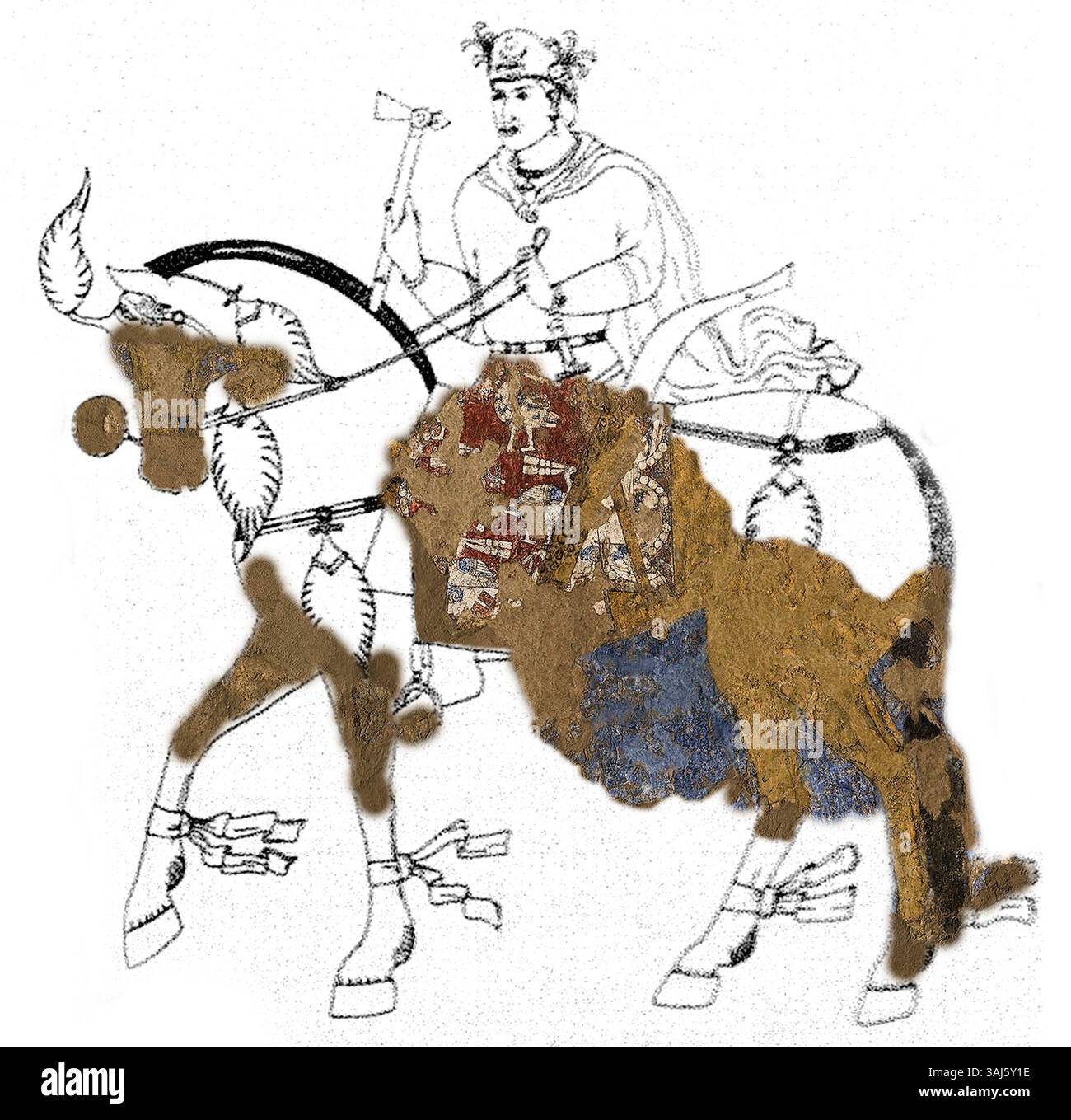 L'œuvre représente le roi Varkhuman à cheval, une partie des vestiges et reconstitution du site historique d'Afrasiab, mettant en valeur la grandeur du souverain persan. Banque D'Images