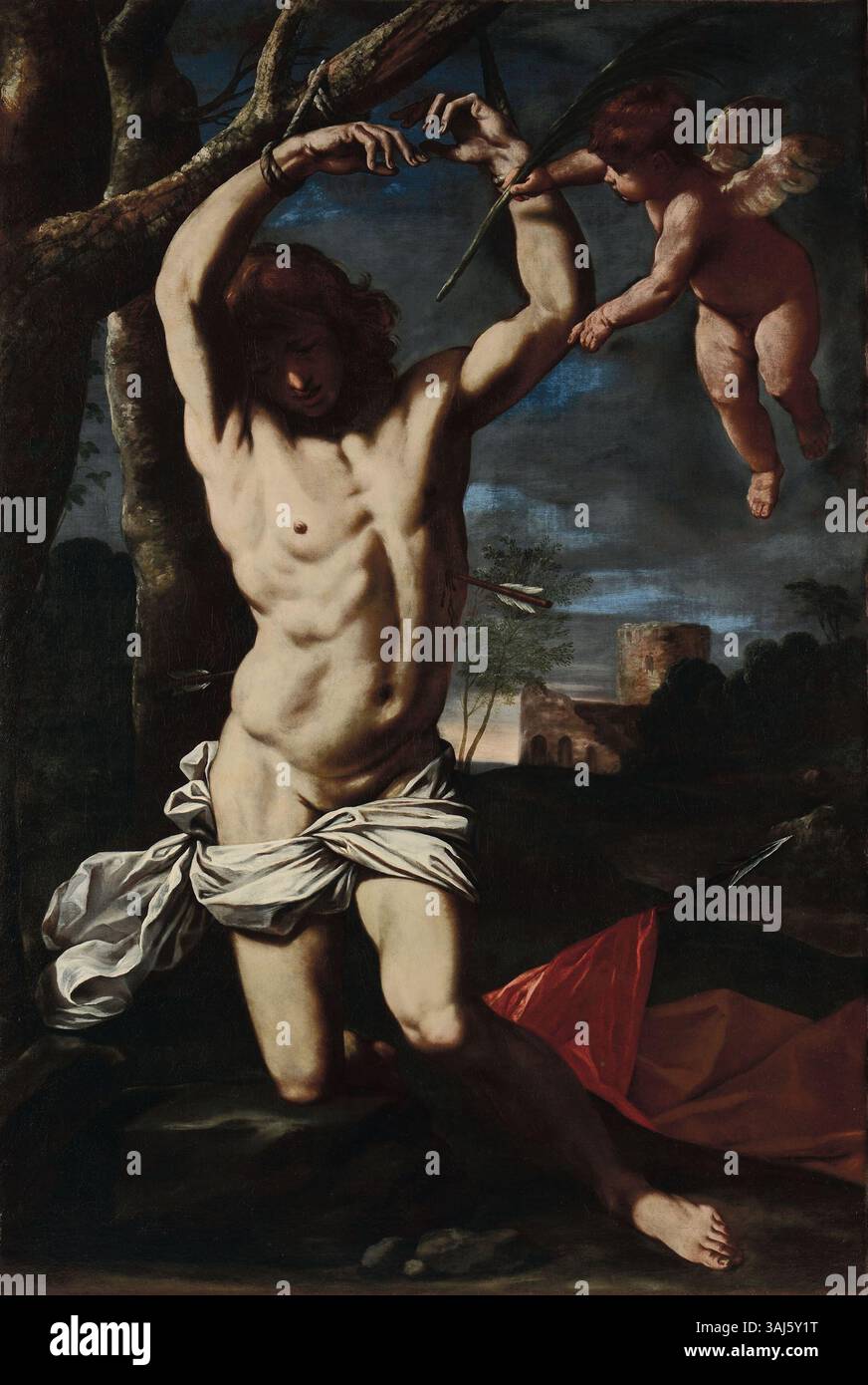 Ce tableau de Simone Cantarini, réalisé entre 1632 et 1648, représente le martyre de Saint Sébastien, accompagné d’un ange, rendu à l’huile sur toile. Banque D'Images
