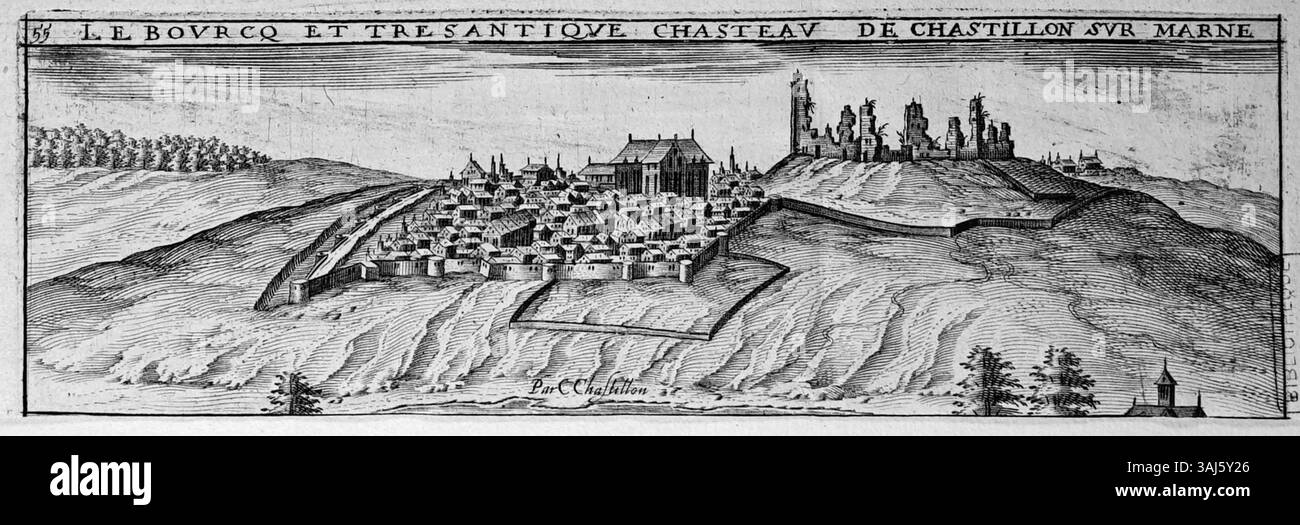 Cette gravure de Claude Chastillon (1559-1616) représente le village de Châtillon-sur-Marne, réalisé à partir d'une estampe antérieure. Il sert de représentation historique du village à la fin du XVIe siècle. Banque D'Images