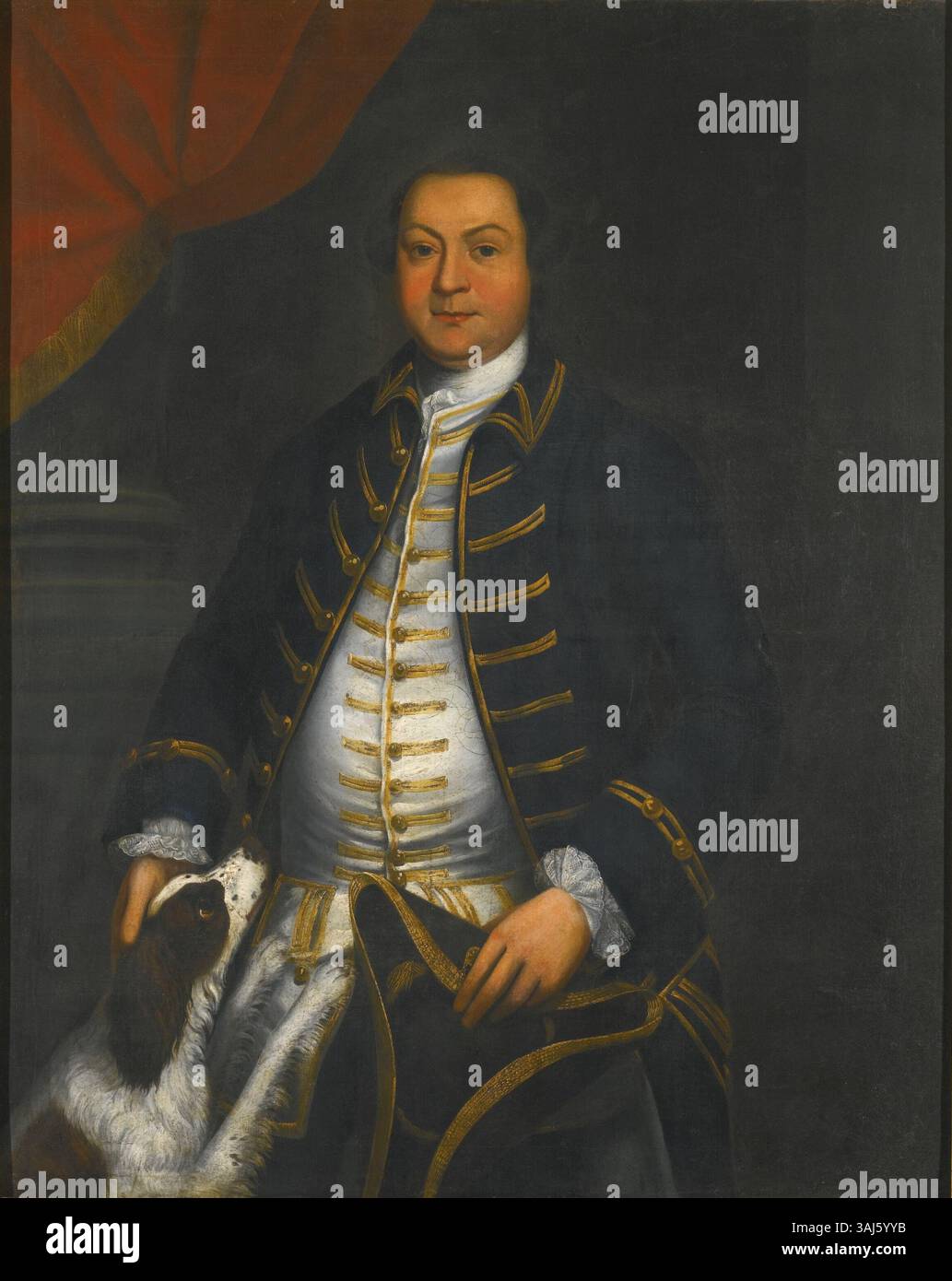 Attribué à John Lewis, ce portrait du XVIIIe siècle représente le capitaine Richard Barry R.N. avec son épagneul. Peint à l'huile sur toile, le portrait souligne la carrière navale de Barry et son lien personnel avec son chien. Banque D'Images