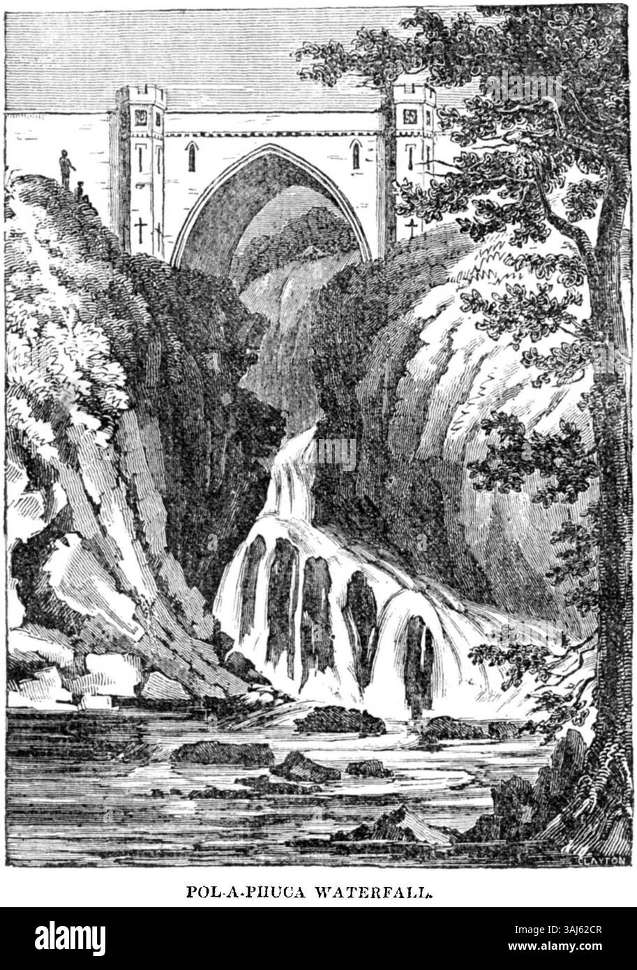 L'illustration « Pol-a-Phuca Waterfall » (1834) du Dublin Penny Journal présente la beauté naturelle de cette cascade irlandaise, capturant le mouvement de l'eau et le paysage environnant dans une représentation détaillée et vivante. Banque D'Images