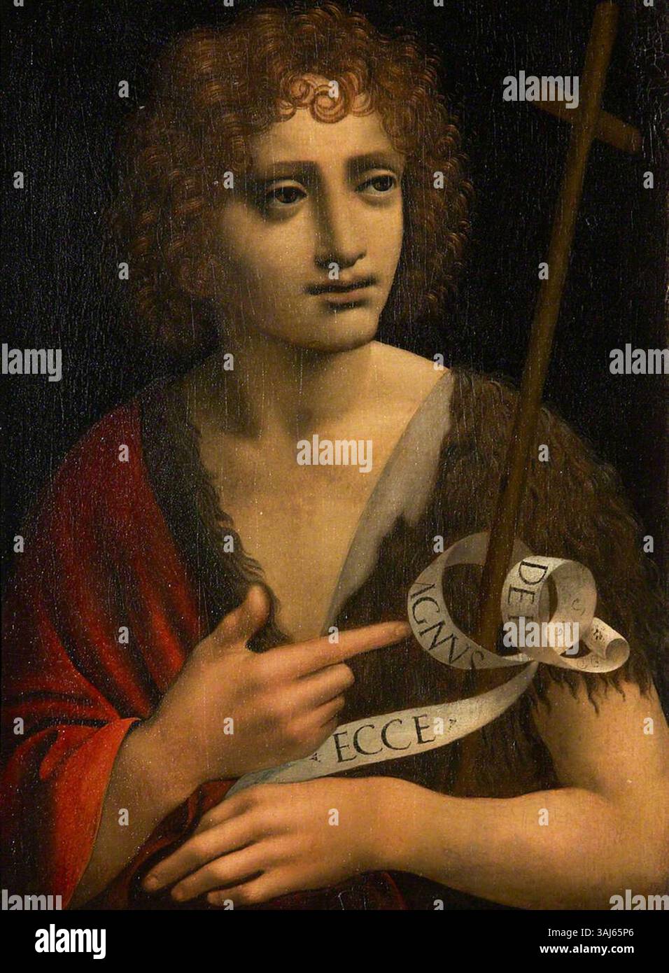 Ce tableau, attribué à Giovanni Antonio Boltraffio, représente Saint Jean Baptiste. Créée entre 1500 et 1529, l’œuvre est une huile sur panneau de la collection National Trust. Banque D'Images