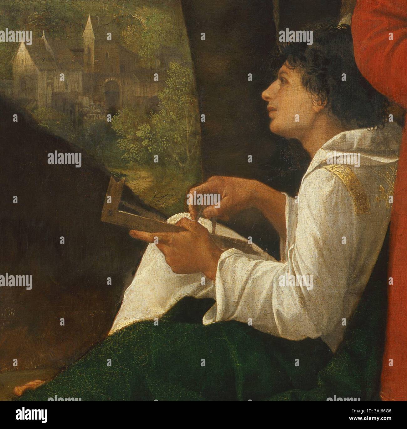 Un extrait des « trois philosophes » de Giorgione, peint vers 1508-1509, montrant un jeune homme avec un carré. La peinture complète est logée dans le Google Art Project. Banque D'Images