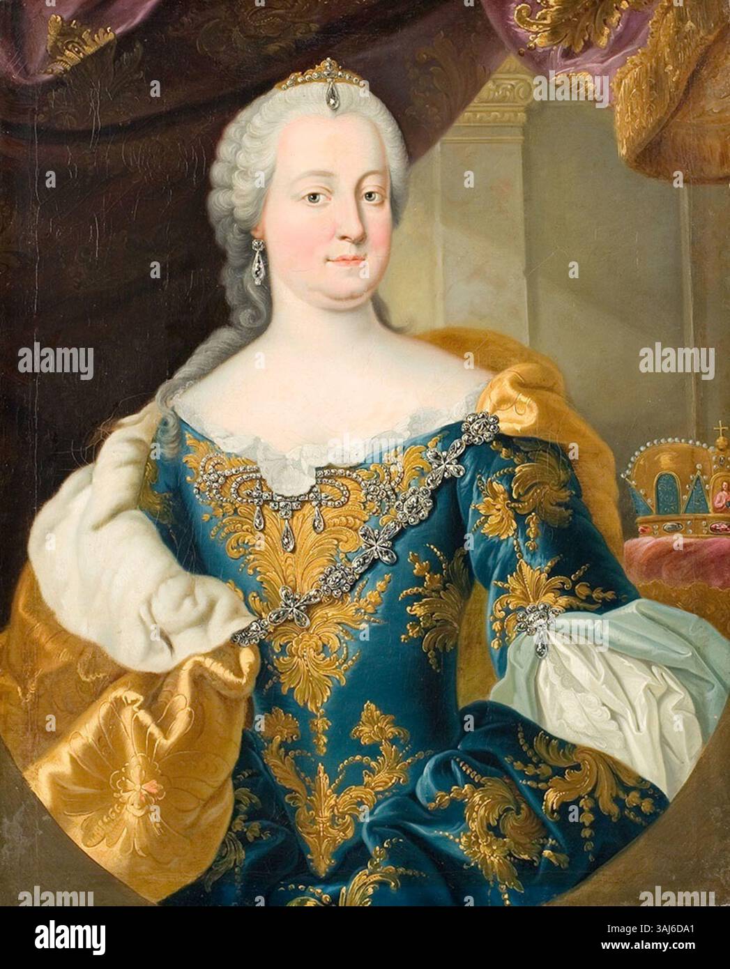 * Portrait de l'impératrice Marie-Thérèse* de Martin von Meytens (avant 1770) est une huile sur toile représentant l'impératrice autrichienne avec un équilibre royal. Meytens, connu pour ses portraits de la cour des Habsbourg, capture Maria Theresa d'une manière digne et royale, incarnant son influence au XVIIIe siècle. Banque D'Images