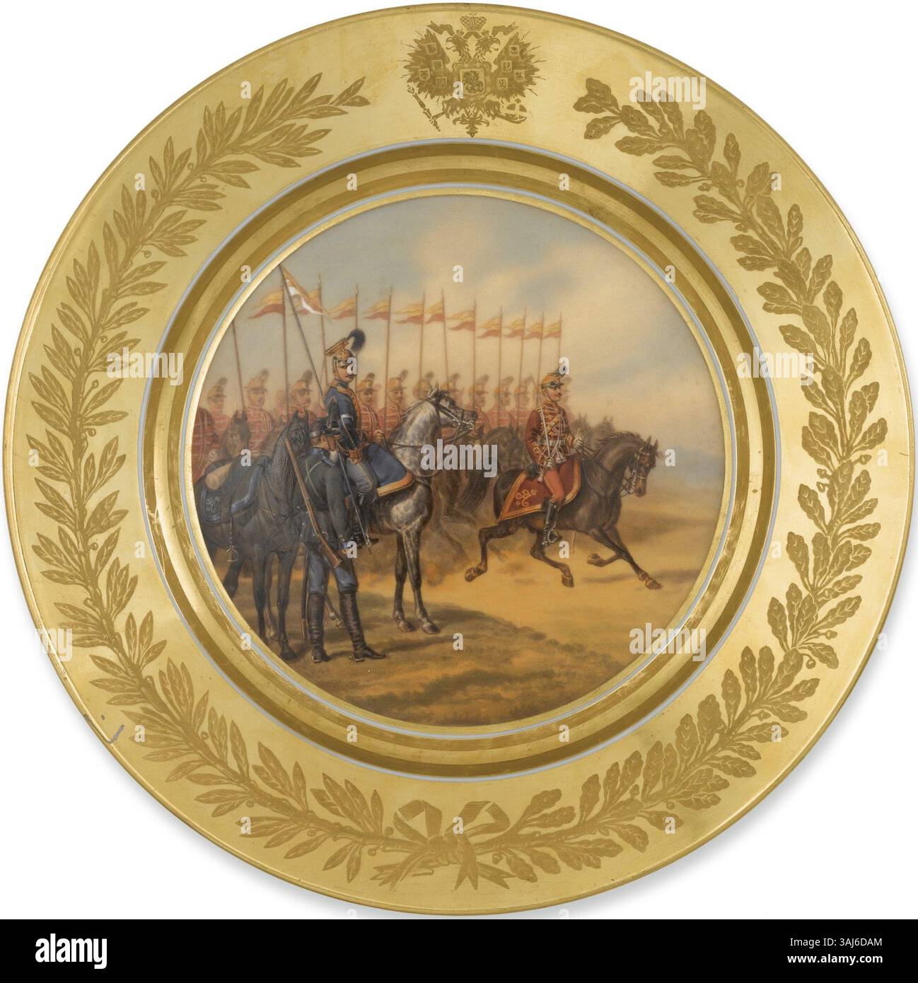 Une assiette en porcelaine de l'Imperial Porcelain Manufactory, en Petersburg, représentant la 12e division de cavalerie avec des régiments tels que les Dragoons de Starodub, les Lancers de Belgorod et les Hussars d'Akhtyrka. Le revers est inscrit en cyrillique et signé vas. Midin. Daté de 1883. Diamètre 24,8 cm. Banque D'Images