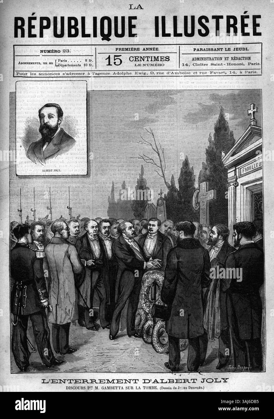 Lithographie de Jules-Arthur Després, représentant Léon Gambetta prononçant un discours sur la tombe d'Albert Joly. Cette scène, présentée dans la République illustrée en 1880, commémore l'hommage de l'homme politique français à Joly au cimetière de Versailles. Banque D'Images