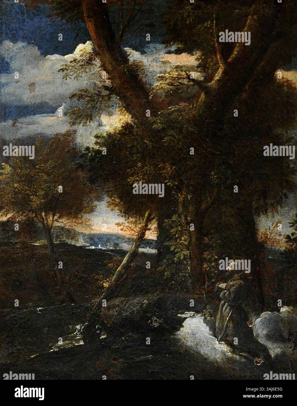 Cette peinture, dans le style de Pier Francesco Mola, représente un paysage sauvage avec Saint François d'assise recevant les stigmates. L'huile sur toile, créée entre 1600 et 1699, représente des thèmes religieux en baroque compris Banque D'Images