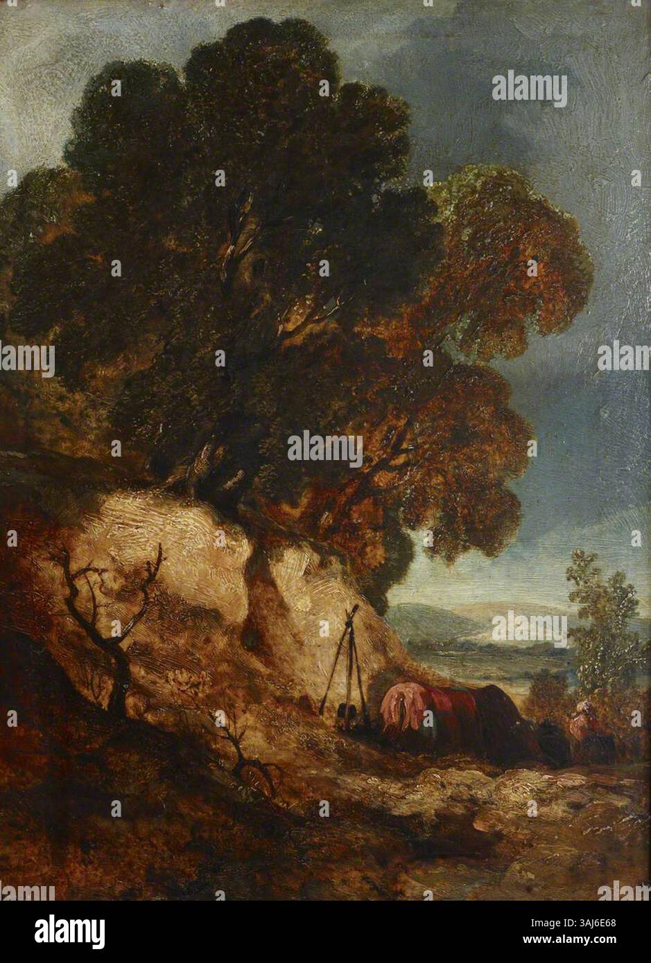 Cette peinture à l'huile du XIXe siècle représente un campement gitan, montrant un groupe de gitans dans un cadre rural en plein air. L'artiste utilise de l'huile sur toile pour mettre en valeur la nature vivante et transitoire du campement. Banque D'Images